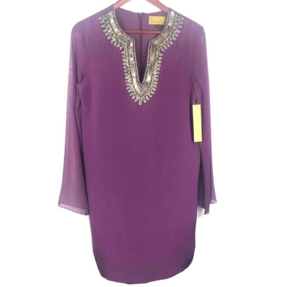 Nicole Miller Purple V Neck Shift Midi‎ Silk Dress Size 0P Indie Luxury Bohemian - Picture 4 of 8